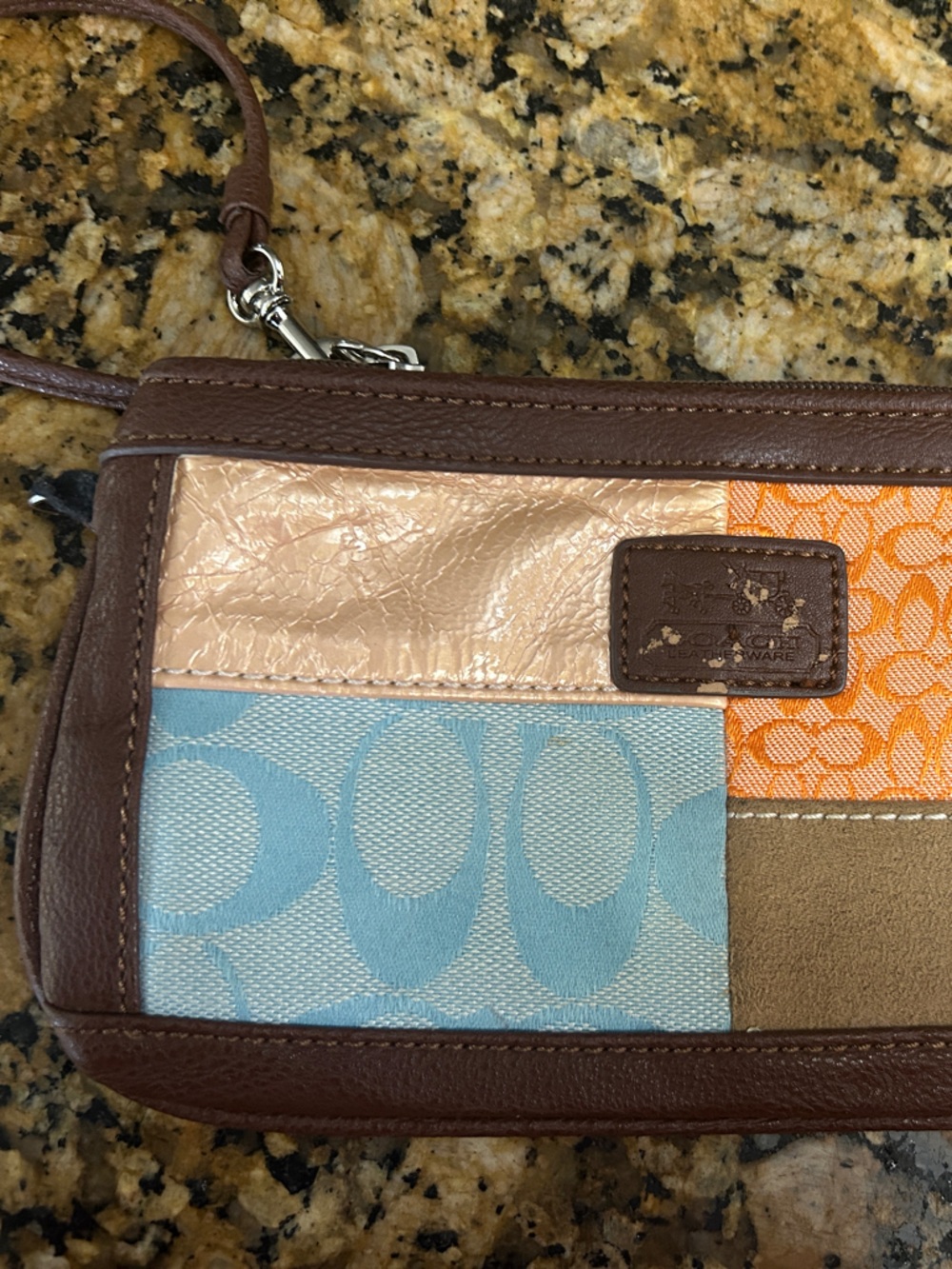 Coach Patchwork Wristlet in Brown, Light Blue, Peach and Orange